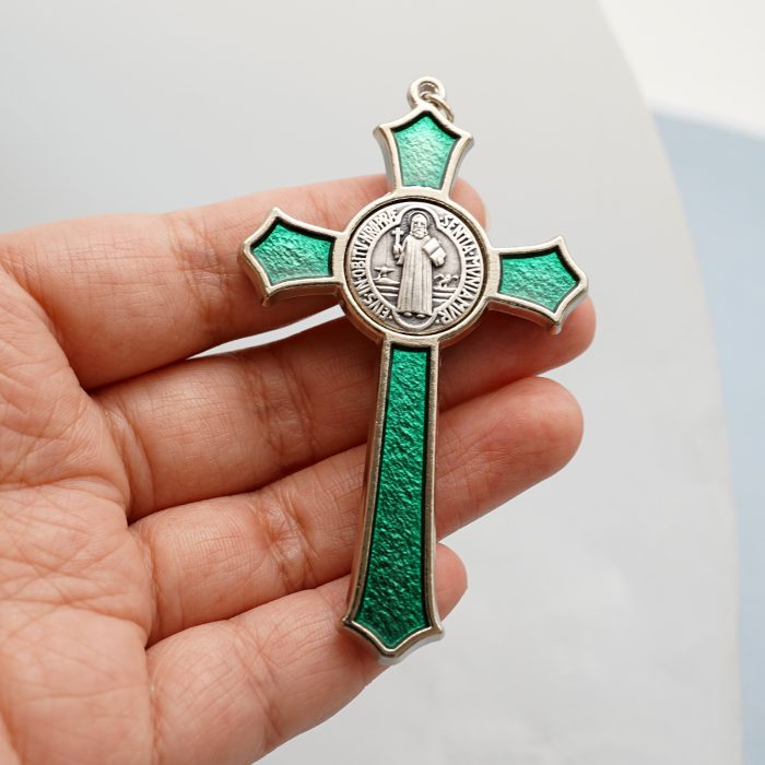 十字架项链-圣本笃-合金-珐琅绿色-带绳卡片-7.4x4.6cm Catholic religious art