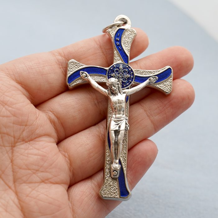 十字架-圣本笃-锌合金-金色-蓝珐琅-带包装盒-7.3x4.5cm Catholic religious art