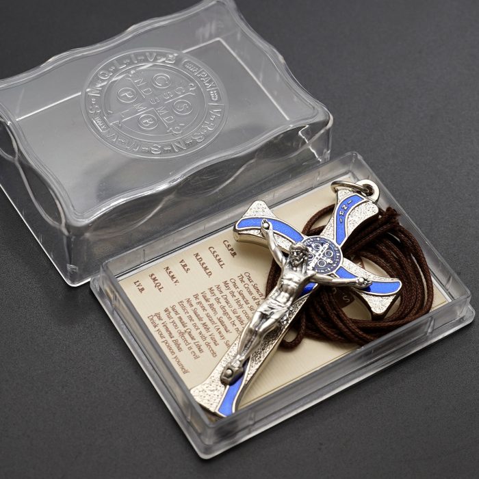 十字架-圣本笃-锌合金-金色-蓝珐琅-带包装盒-7.3x4.5cm Catholic religious art