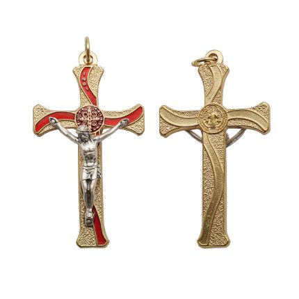 十字架-圣本笃-锌合金-金色-红珐琅-带包装盒-7.3x4.5cm
