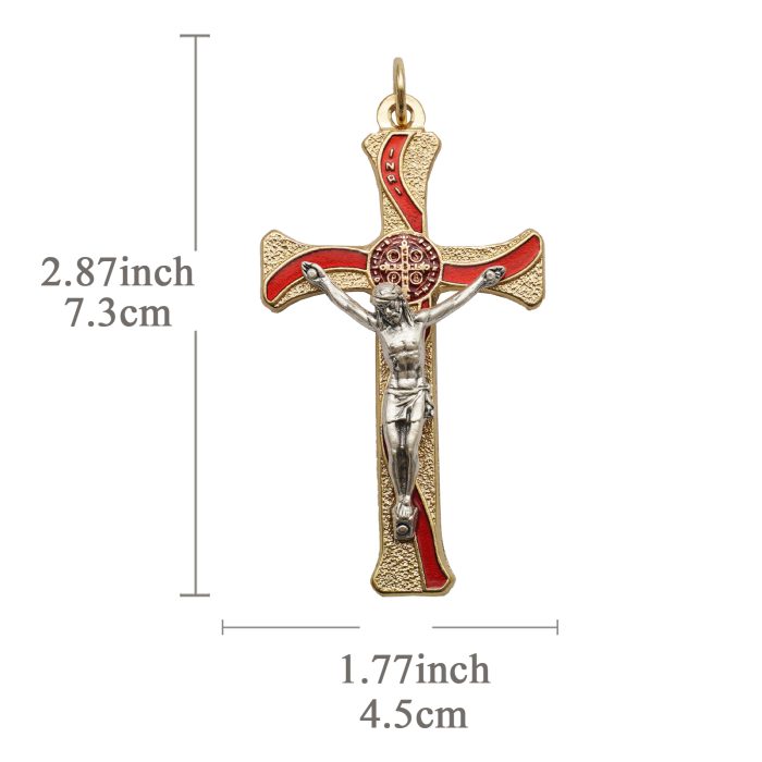 十字架-圣本笃-锌合金-金色-红珐琅-带包装盒-7.3x4.5cm Catholic religious art