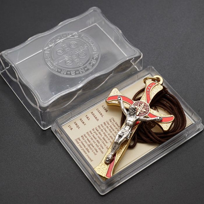 十字架-圣本笃-锌合金-金色-红珐琅-带包装盒-7.3x4.5cm Catholic religious art