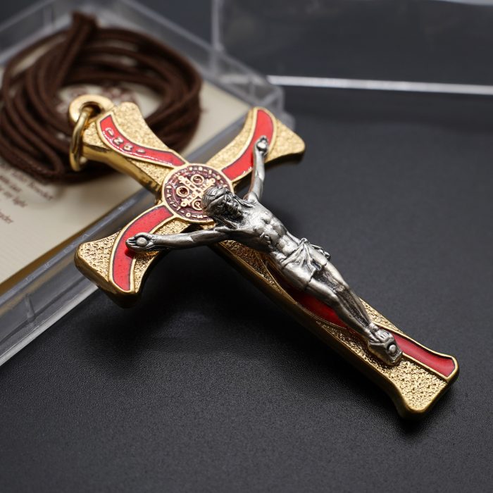 十字架-圣本笃-锌合金-金色-红珐琅-带包装盒-7.3x4.5cm Catholic religious art