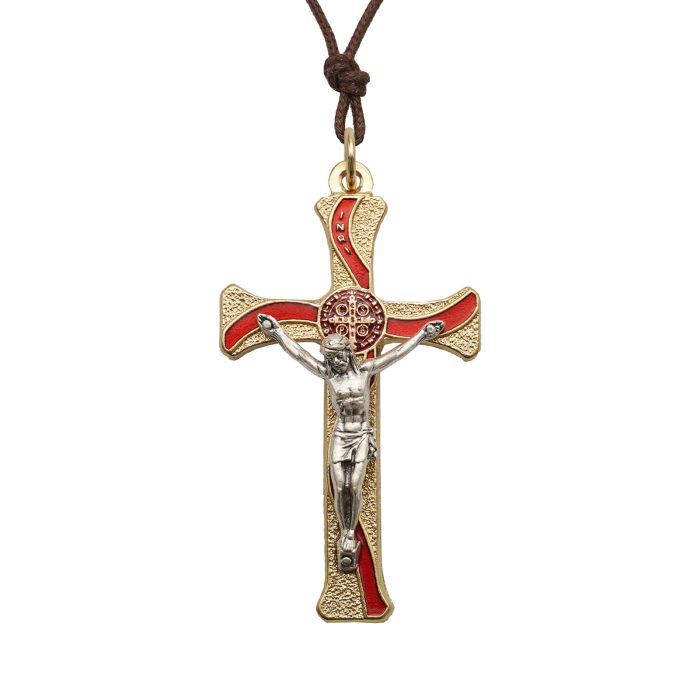PG613-D-RSS_7 十字架-圣本笃-锌合金-金色-红珐琅-带包装盒-7.3x4.5cm Catholic religious art