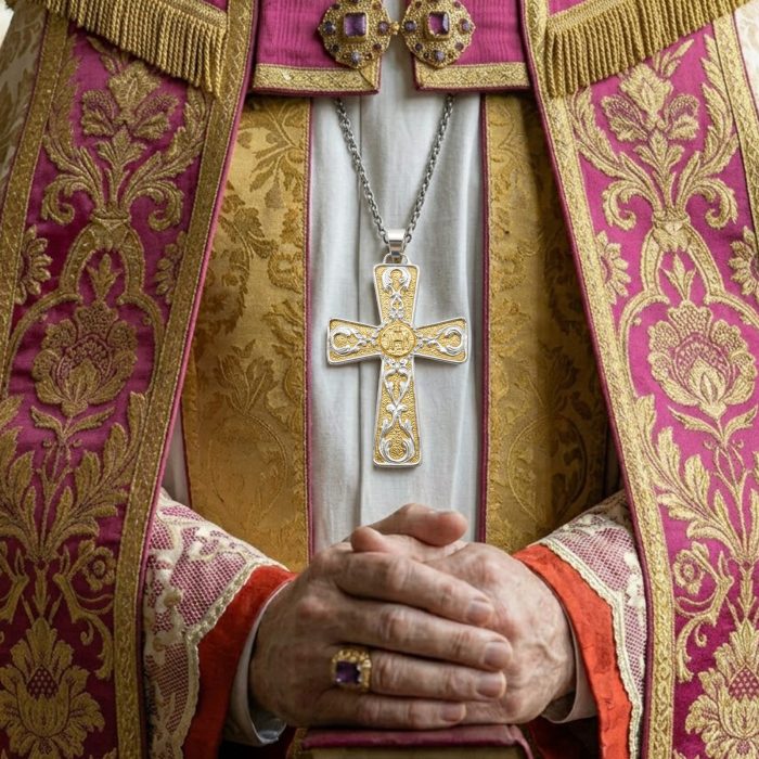 主教胸前十字架-JHS符号-双色黄铜-7.1×10cm-配链 Catholic religious art