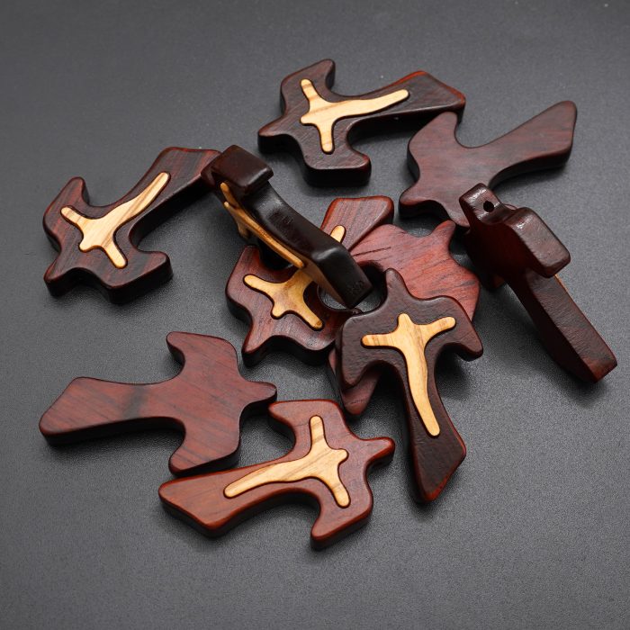 DIY十字架-TAU十字-紫檀木嵌橄榄木-4x3cm Catholic religious art