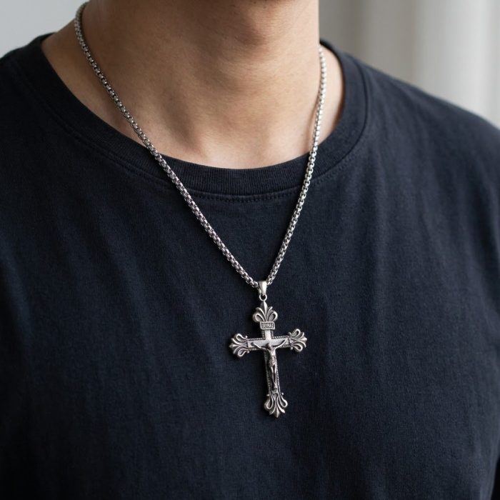 项链十字架-复古款-925银-做旧-4.3x3.4cm（送扣加钛钢链） Catholic religious art