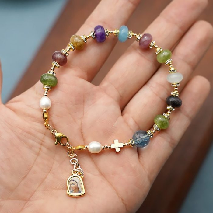 龙虾扣手链-车轮珠彩色碧玺-默主哥耶吊坠-5x8mm - 图片 4