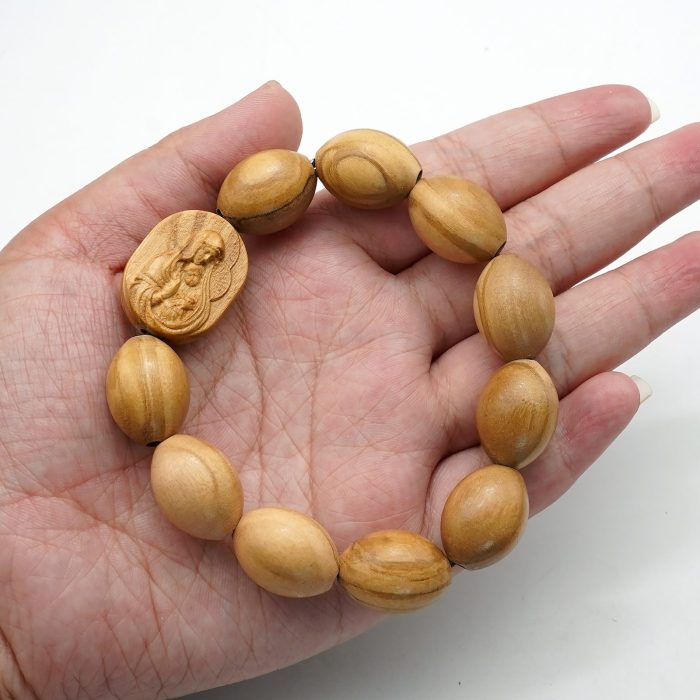 弹力手链-圣母抱耶稣椭圆牌-橄榄木珠-单圈长20cm - 图片 4