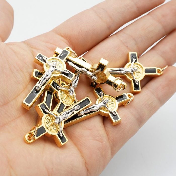 DIY十字架-金色合金+黑色珐琅彩圣本笃-3.5x2.1cm - 图片 4