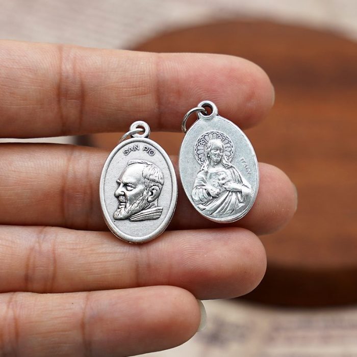 DIY小吊牌-庇护神父+耶稣圣心-锌合金-镀银-2.2cm - 图片 2