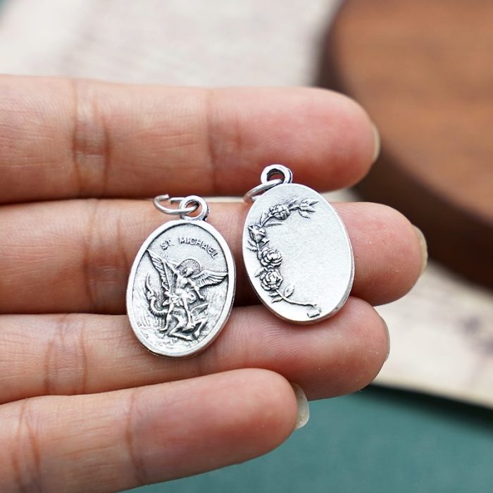 DIY小吊牌-圣弥额尔+玫瑰花-锌合金-镀银-2.2cm - 图片 3