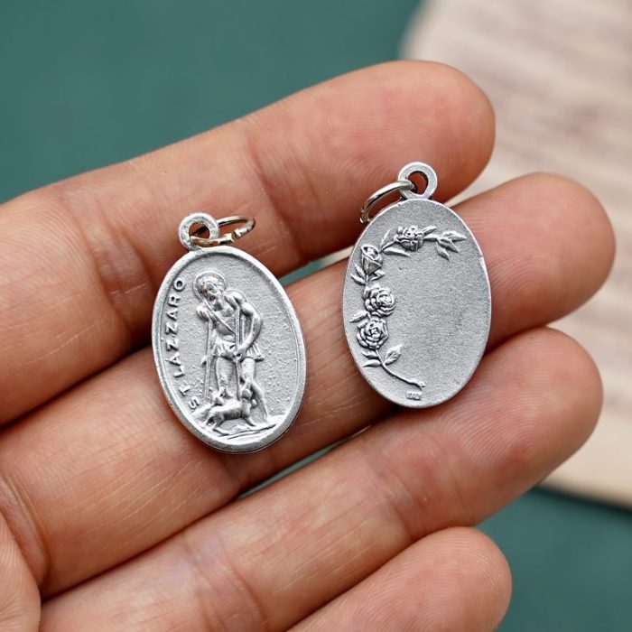 DIY小吊牌-圣拉匝禄+玫瑰花-锌合金-镀银-2.2cm - 图片 3