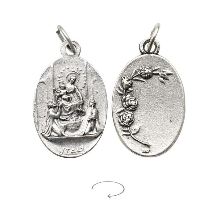DIY小吊牌-庞贝玫瑰圣母+玫瑰花-锌合金-镀银-2.2cm