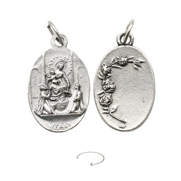 DIY小吊牌-庞贝玫瑰圣母+圣神和字为我们祈祷-锌合金-镀银-2.2cm