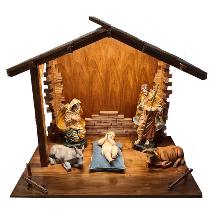 彩绘木雕-完整圣诞马槽组-3件+2只动物+小屋（Complete Nativity Scene - 3 pieces + 2 animals + Cabin）-多尺寸