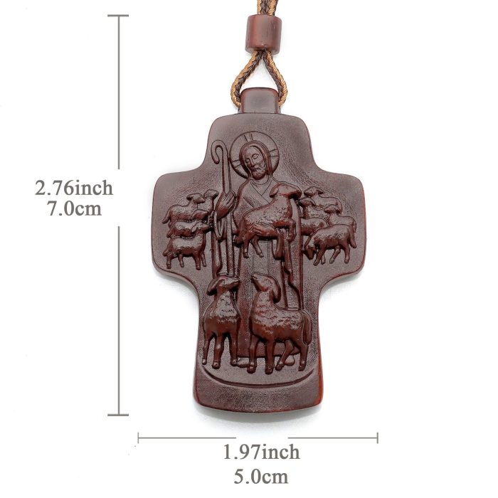 项链十字架-耶稣善牧-紫檀-带绳-7x5cm（送收纳包） - 图片 2