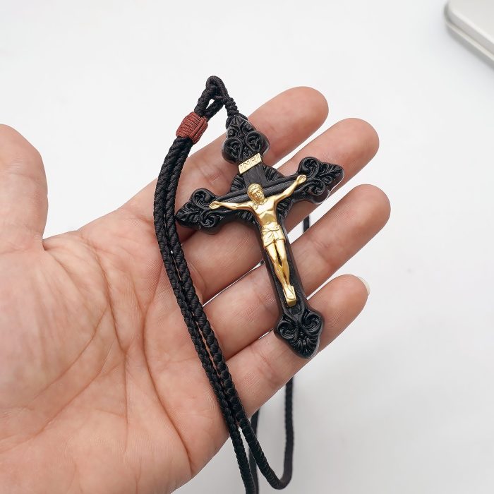 项链十字架-巴洛克式-黑檀木黄铜-7.5cm-礼盒装-绳子可调节至60cm - 图片 4