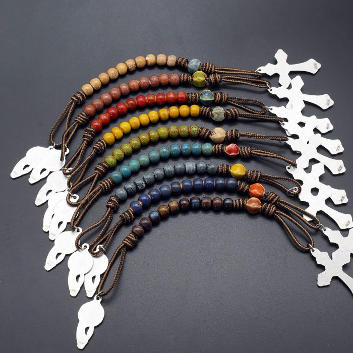 一端念珠-合掌圣母-绳编-陶瓷花釉圆珠-黄色-8mm - 图片 3