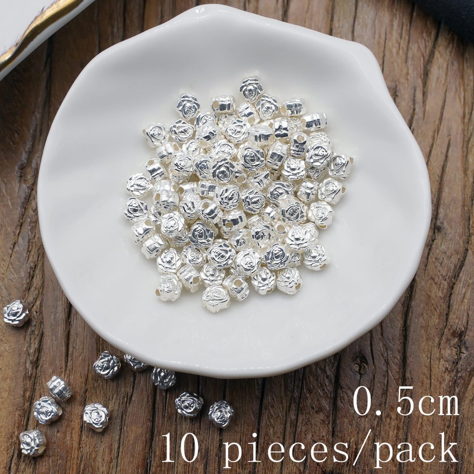 DIY珠子-玫瑰花-锌合金亮银色-5mm-10颗/包