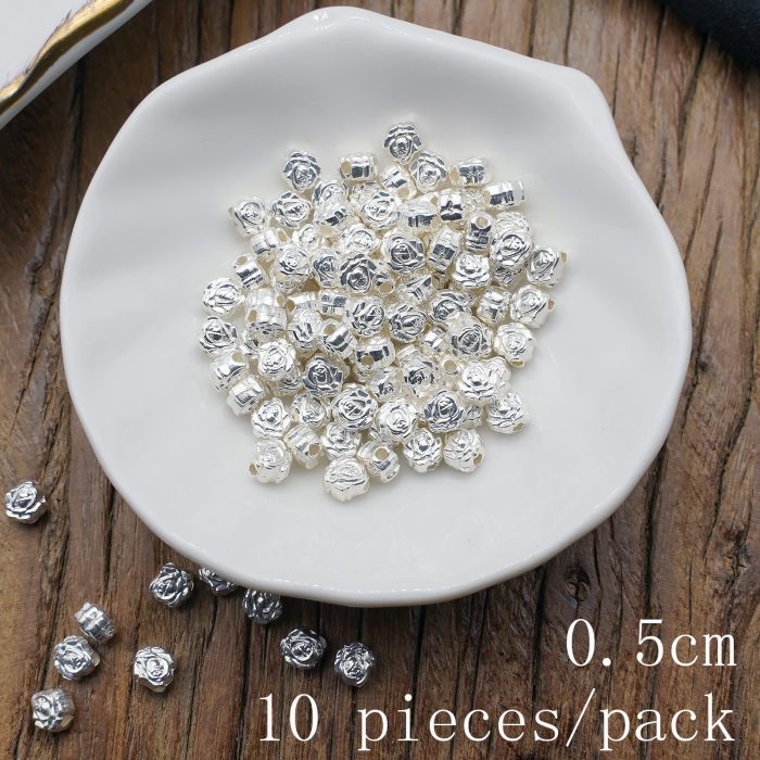 DIY珠子-玫瑰花-锌合金亮银色-5mm-10颗/包