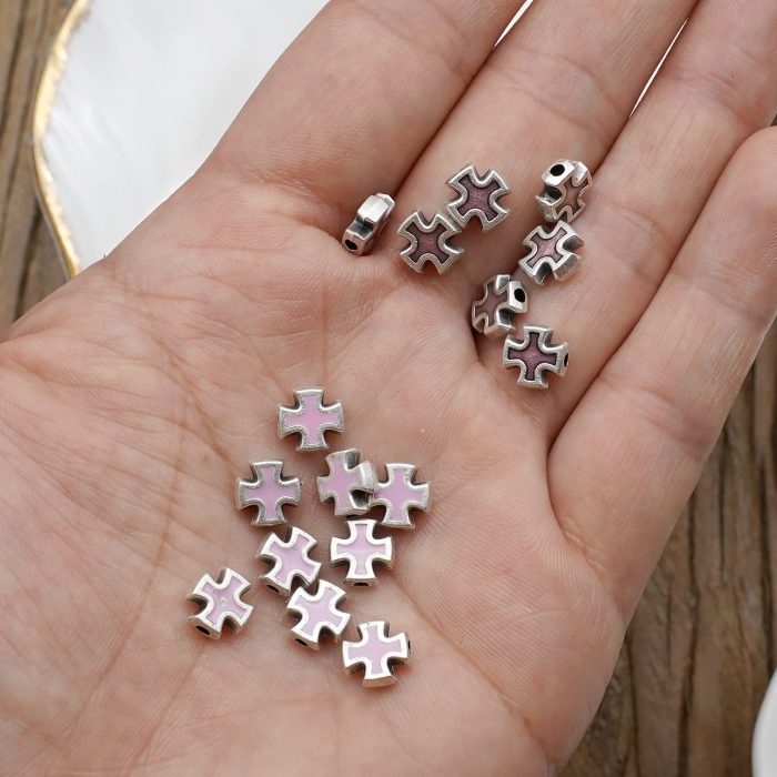 DIY珠子-十字架-锌合金-粉色珐琅-0.8cm-10颗/包 - 图片 2