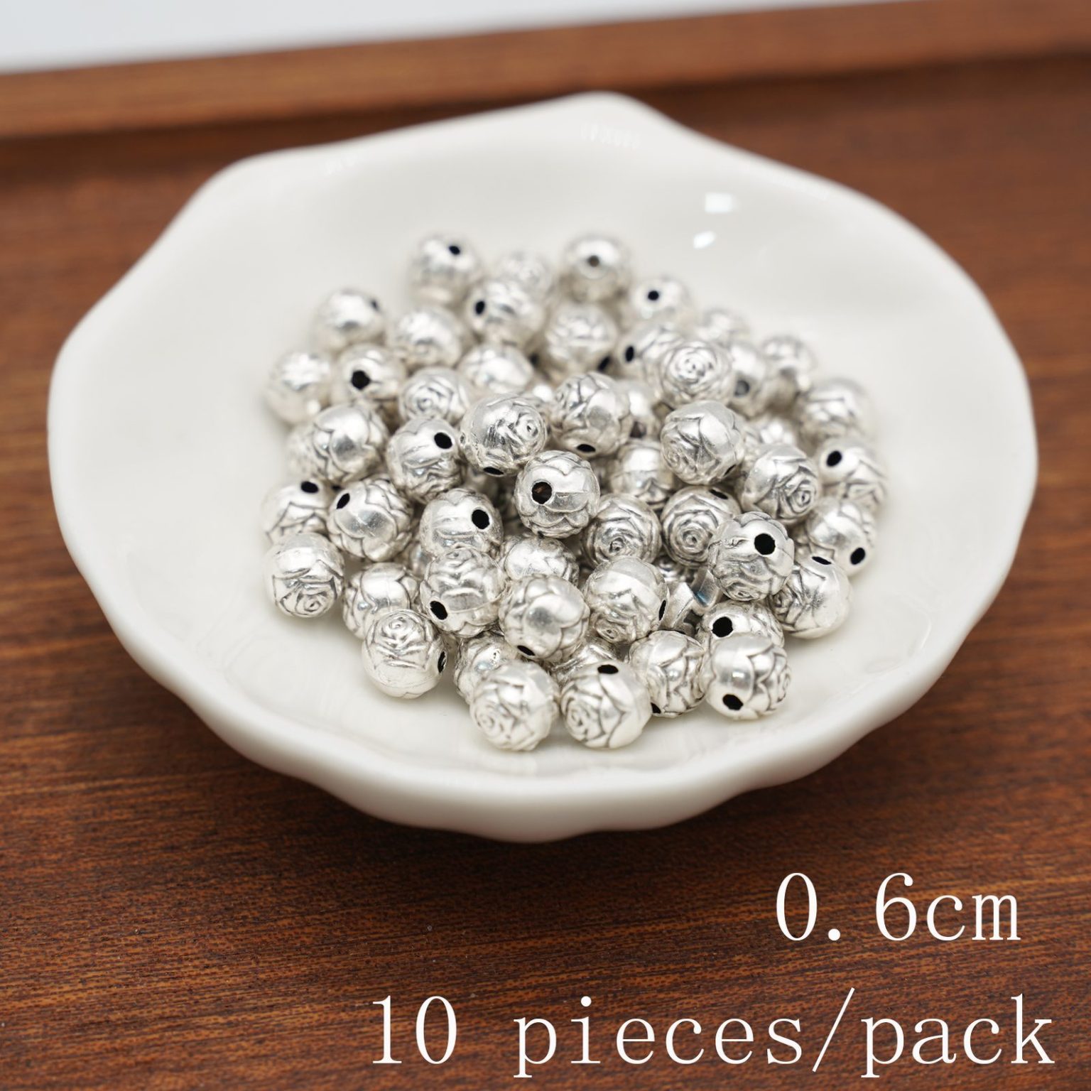 DIY珠子-玫瑰花-锌合金银色-6mm-10颗/包