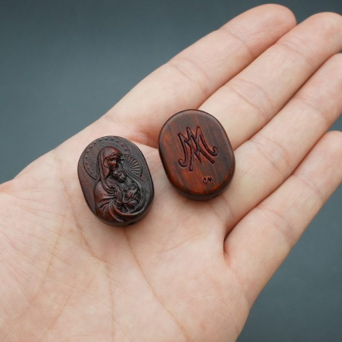 DIY双通-圣母抱耶稣-椭圆形-紫檀木-2.6cm - 图片 3