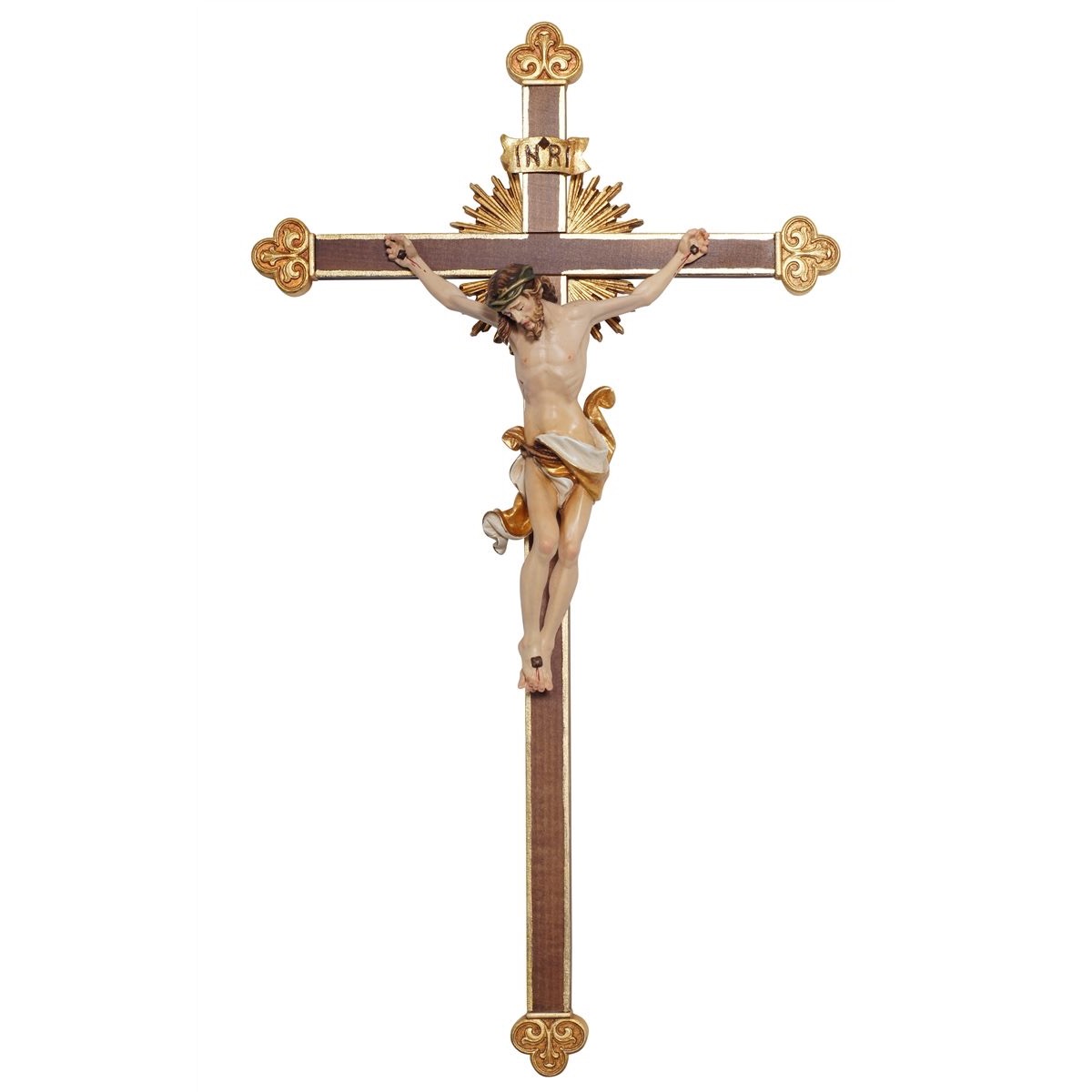 IC02STA240C 阿尔卑斯木雕-带光芒的达芬奇巴洛克十字架基督(Corpus Leonardo cross baroque with shine)-彩色-多尺寸 - 图片 1