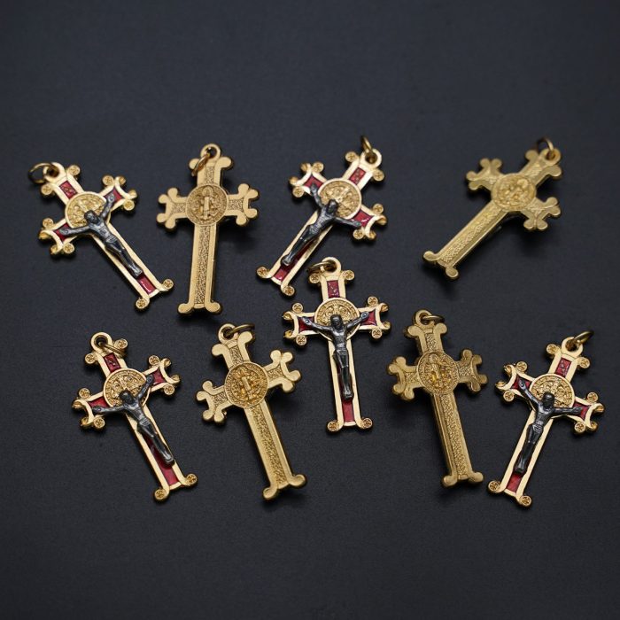 捡漏-DIY十字架-圣本笃-合金-金色红珐琅-3.8x2.5cm